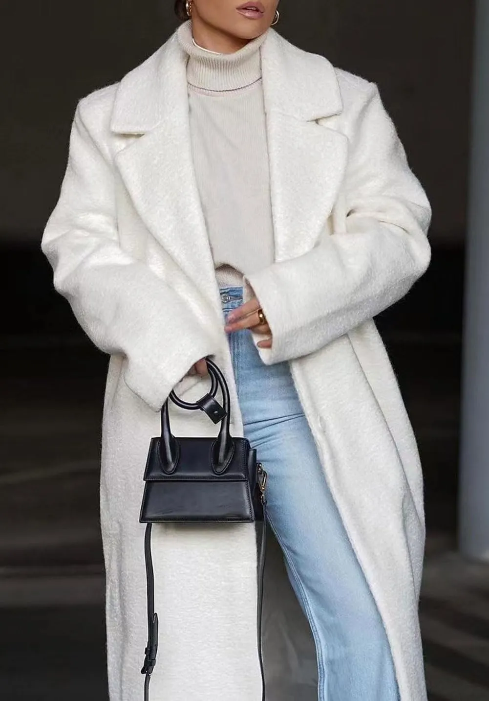 CHARTOU Women Oversized Long Winter Peacoat Lapel Collar Boucle Wool Blend Trench Overcoat