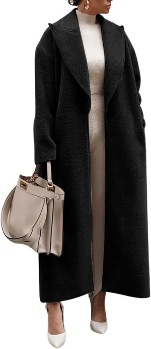 CHARTOU Women Oversized Long Winter Peacoat Lapel Collar Boucle Wool Blend Trench Overcoat