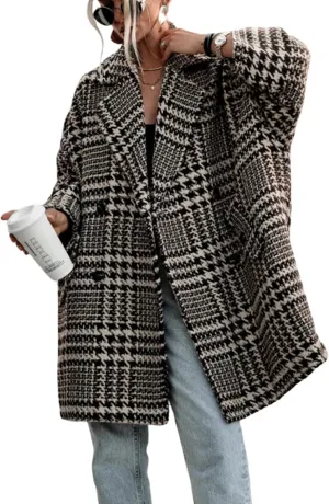 CHARTOU Womens Oversized Blazed Collar Double Breasted Overcoat Thick Plaid Pea Coat Jacket Long Trench Coat