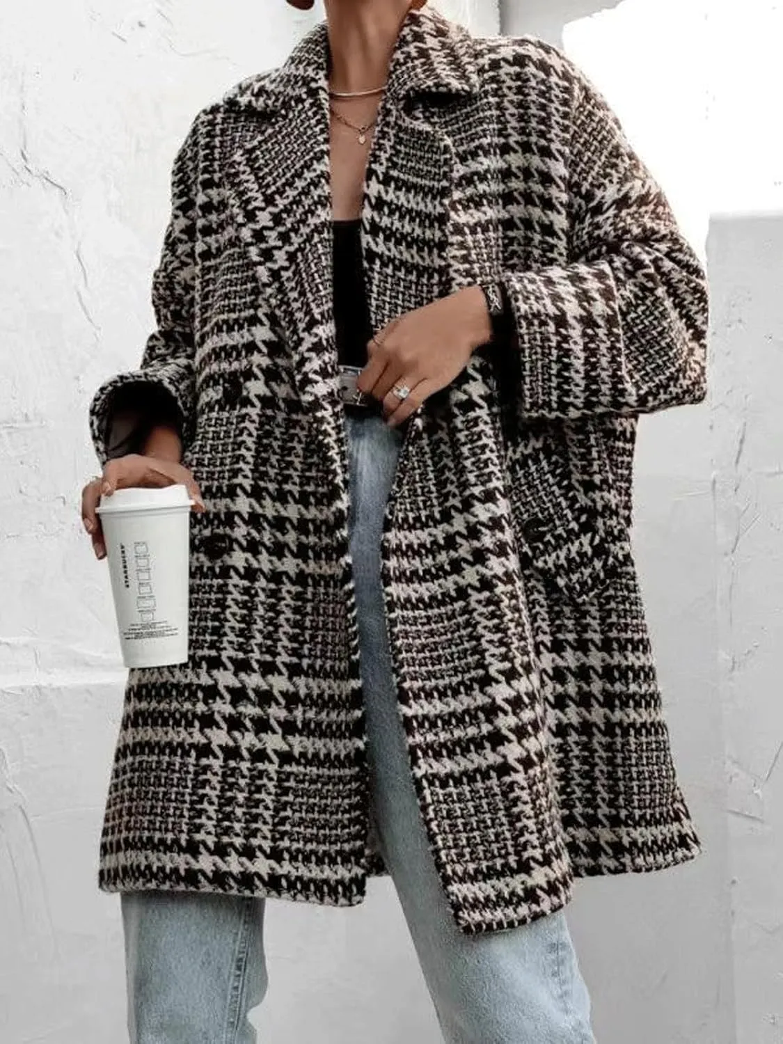 CHARTOU Womens Oversized Blazed Collar Double Breasted Overcoat Thick Plaid Pea Coat Jacket Long Trench Coat