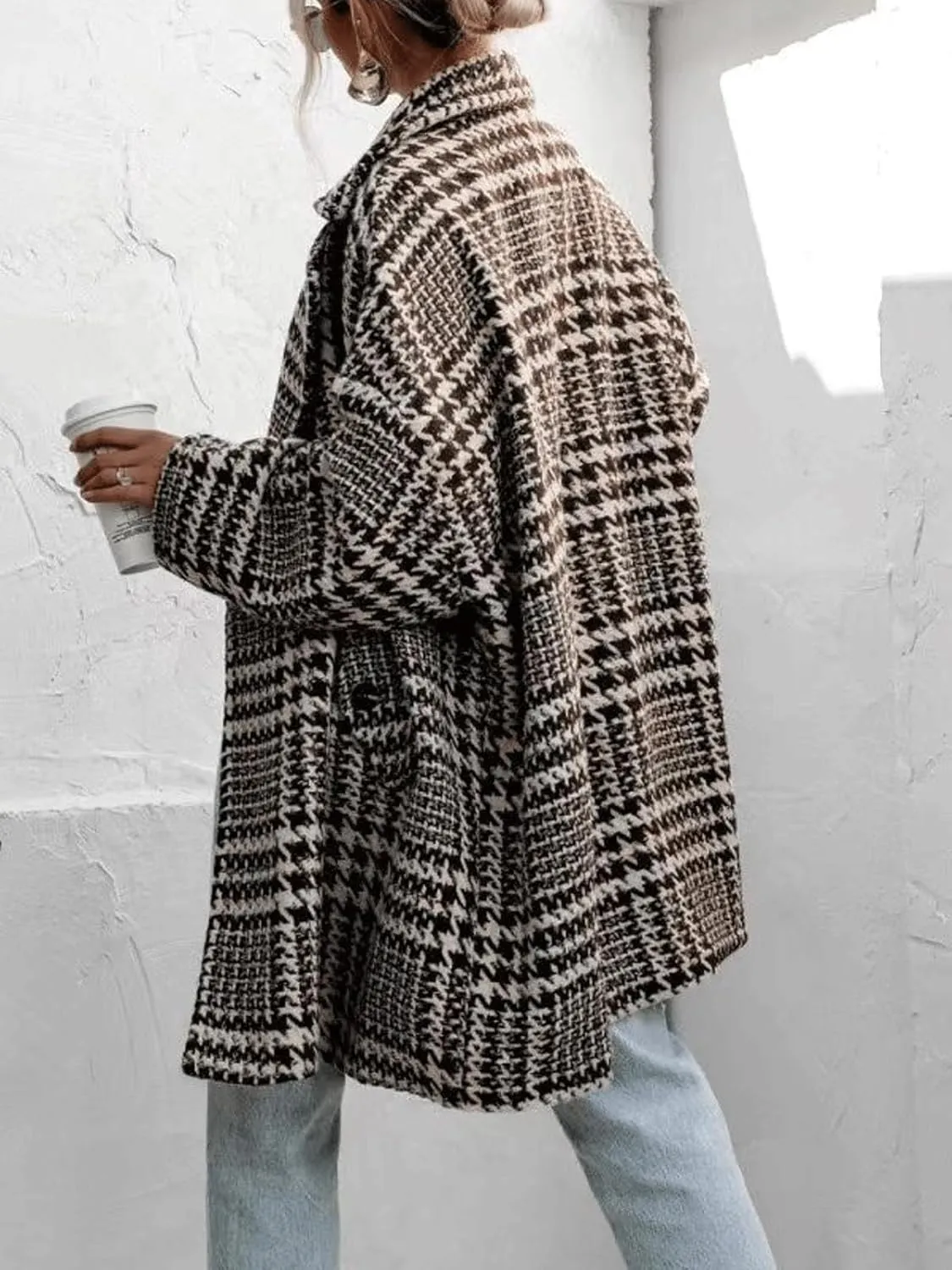 CHARTOU Womens Oversized Blazed Collar Double Breasted Overcoat Thick Plaid Pea Coat Jacket Long Trench Coat