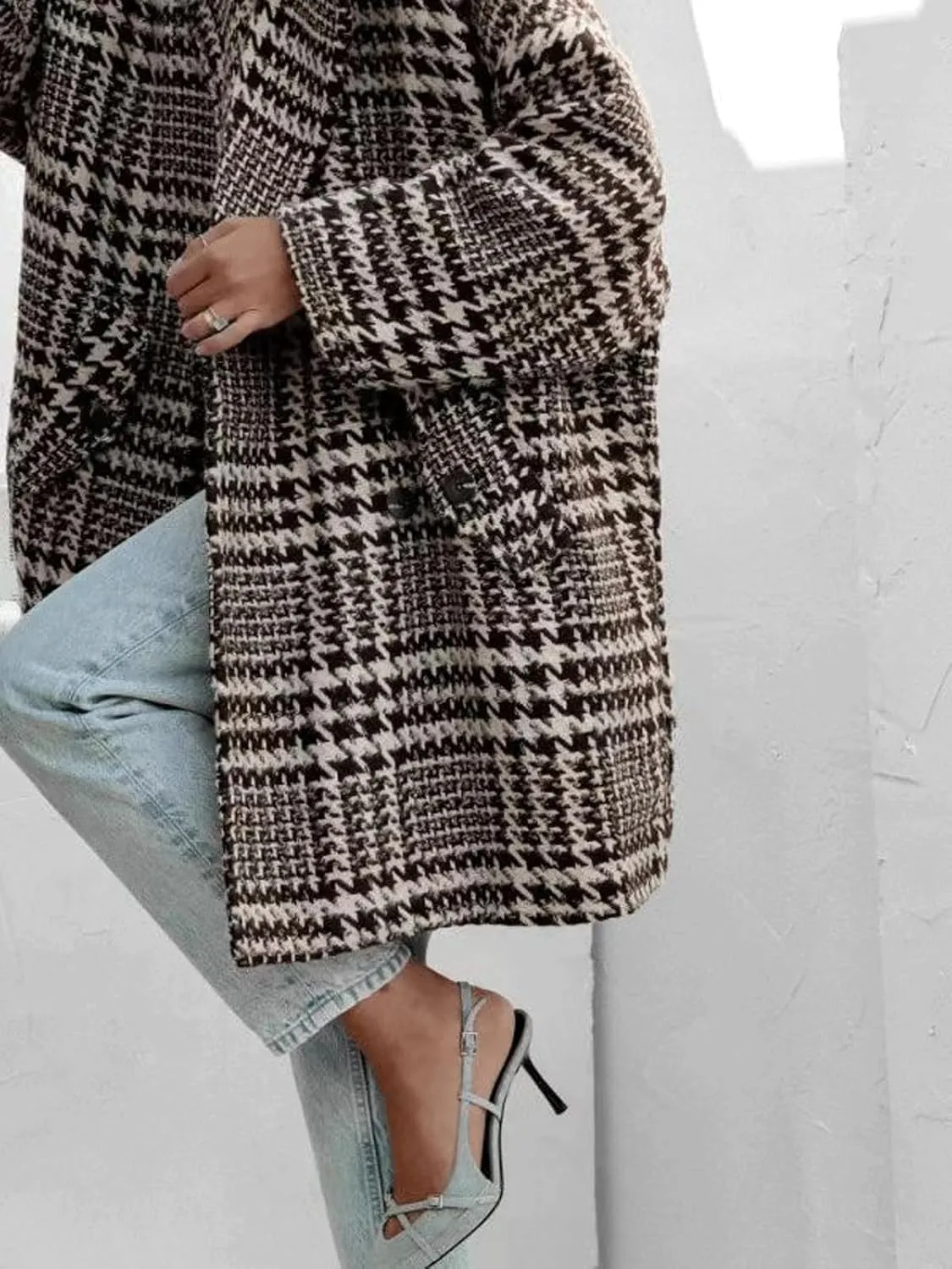 CHARTOU Womens Oversized Blazed Collar Double Breasted Overcoat Thick Plaid Pea Coat Jacket Long Trench Coat