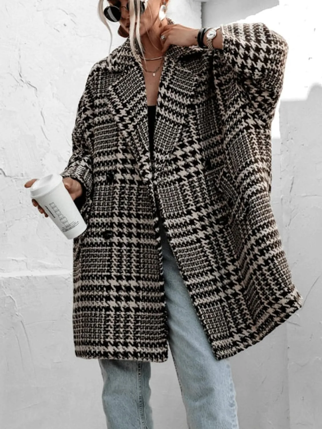 CHARTOU Womens Oversized Blazed Collar Double Breasted Overcoat Thick Plaid Pea Coat Jacket Long Trench Coat