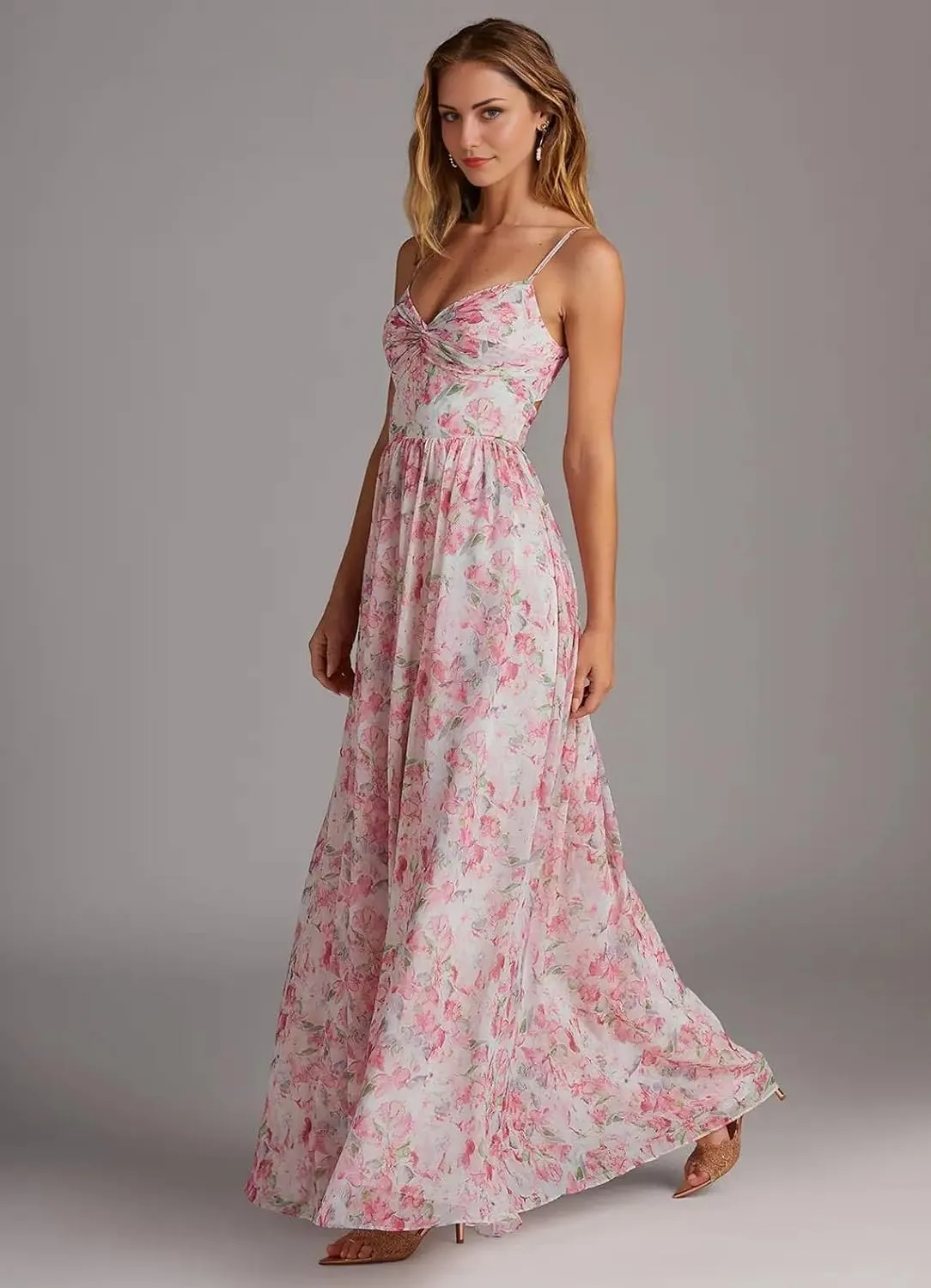 Chiffon Bridesmaid Dresses for Women Spaghetti Straps V Neck A Line Formal Evening Dresses with Slit