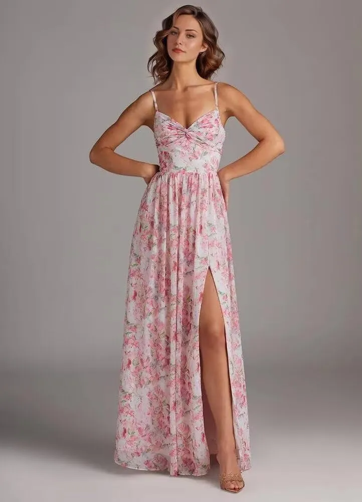 Chiffon Bridesmaid Dresses for Women Spaghetti Straps V Neck A Line Formal Evening Dresses with Slit
