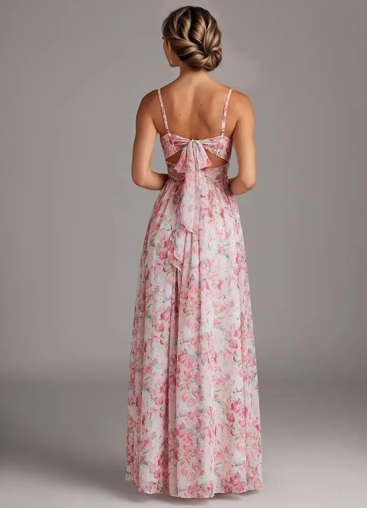 Chiffon Bridesmaid Dresses for Women Spaghetti Straps V Neck A Line Formal Evening Dresses with Slit