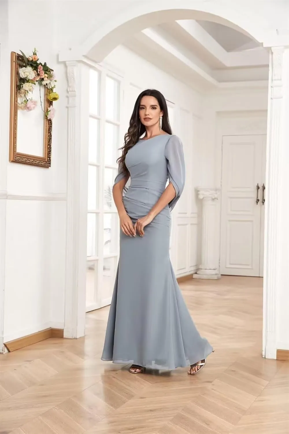 Chiffon Mermaid Mother of The Bride Dresses for Wedding Cap Sleeve Formal Evening Dress