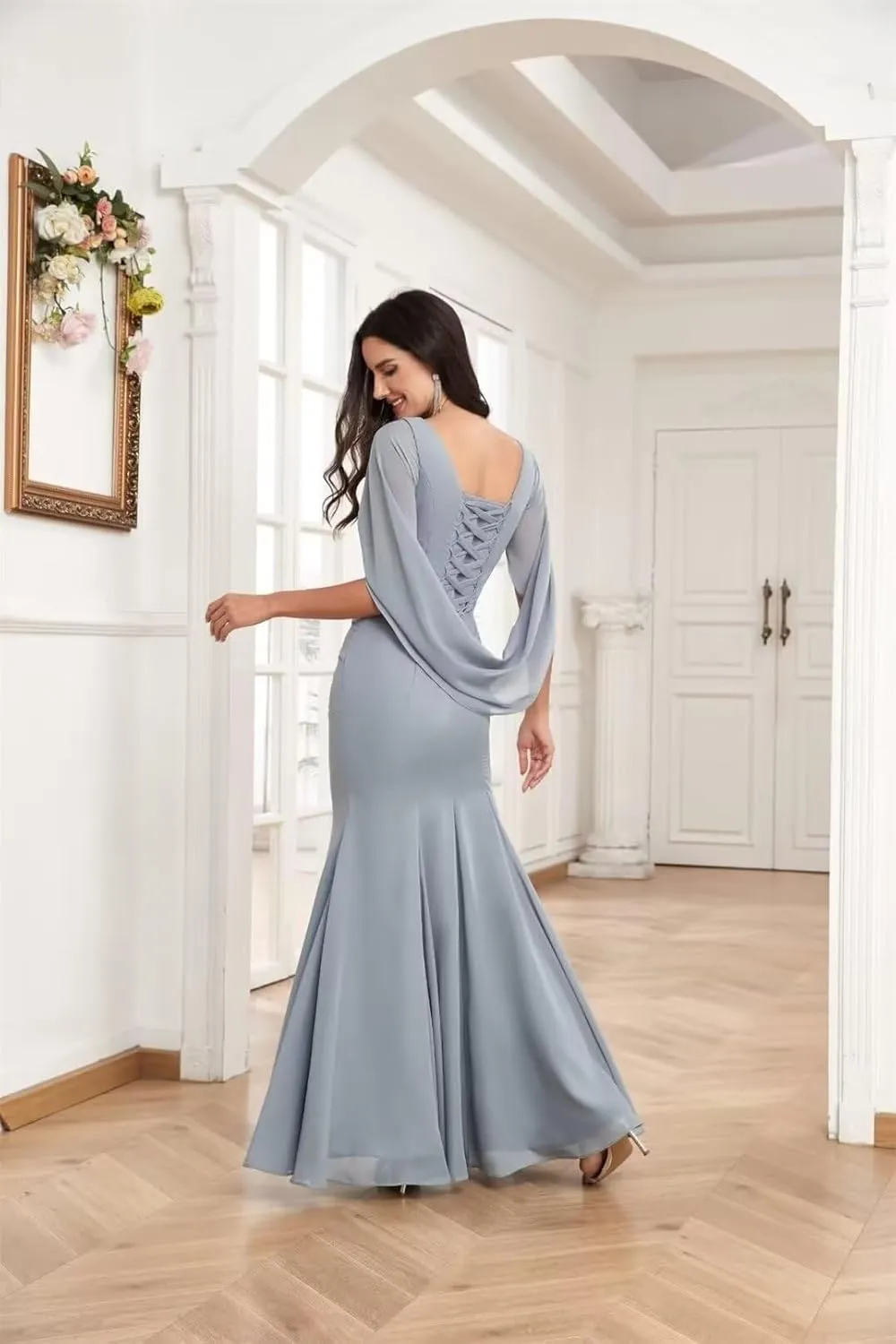 Chiffon Mermaid Mother of The Bride Dresses for Wedding Cap Sleeve Formal Evening Dress