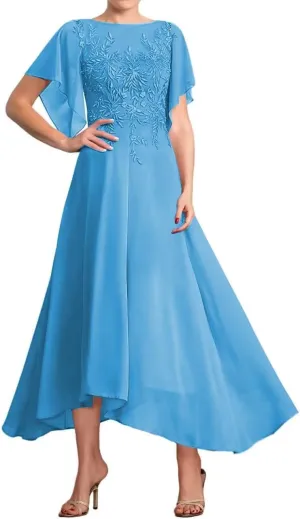 Chiffon Mother of The Bride Dresses for Wedding Short Sleeve Laces Appliques Formal Evening Dresses
