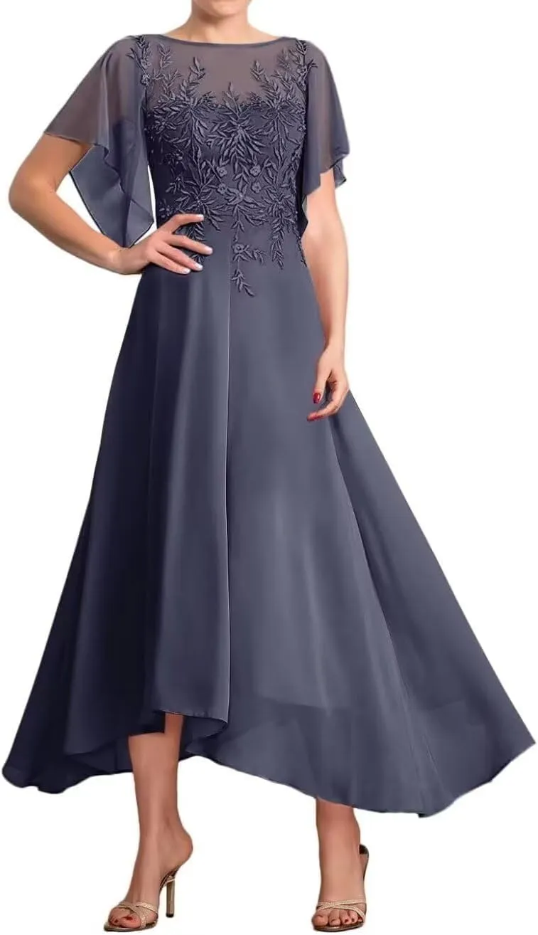 Chiffon Mother of The Bride Dresses for Wedding Short Sleeve Laces Appliques Formal Evening Dresses