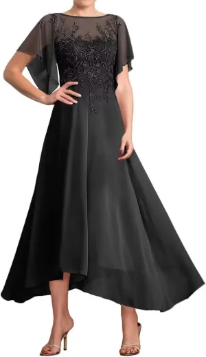 Chiffon Mother of The Bride Dresses for Wedding Short Sleeve Laces Appliques Formal Evening Dresses
