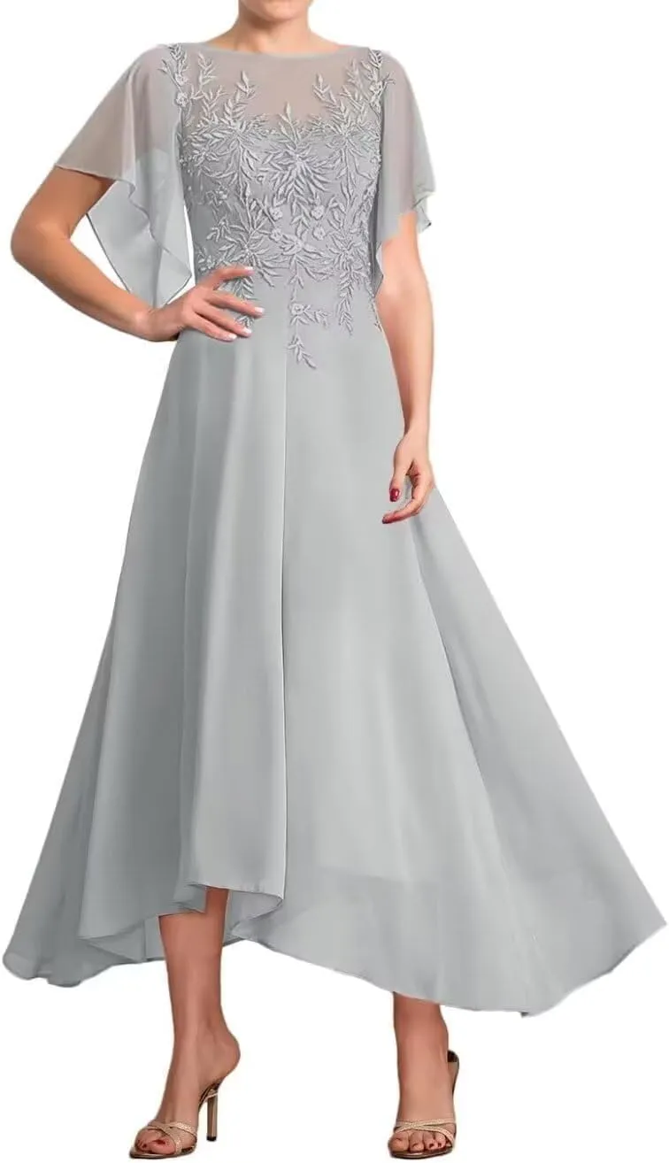 Chiffon Mother of The Bride Dresses for Wedding Short Sleeve Laces Appliques Formal Evening Dresses