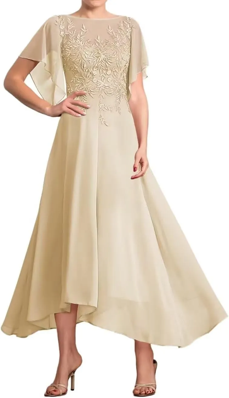 Chiffon Mother of The Bride Dresses for Wedding Short Sleeve Laces Appliques Formal Evening Dresses