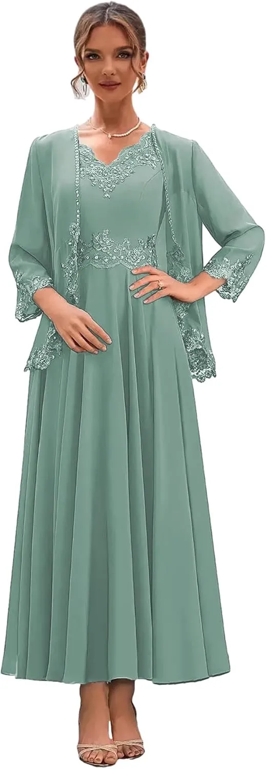 Chiffon Mother of The Bride Dresses with Jacket Lace Long Formal Dress for Wedding 2 Pieces Evening Gowns