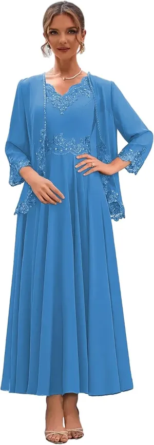 Chiffon Mother of The Bride Dresses with Jacket Lace Long Formal Dress for Wedding 2 Pieces Evening Gowns