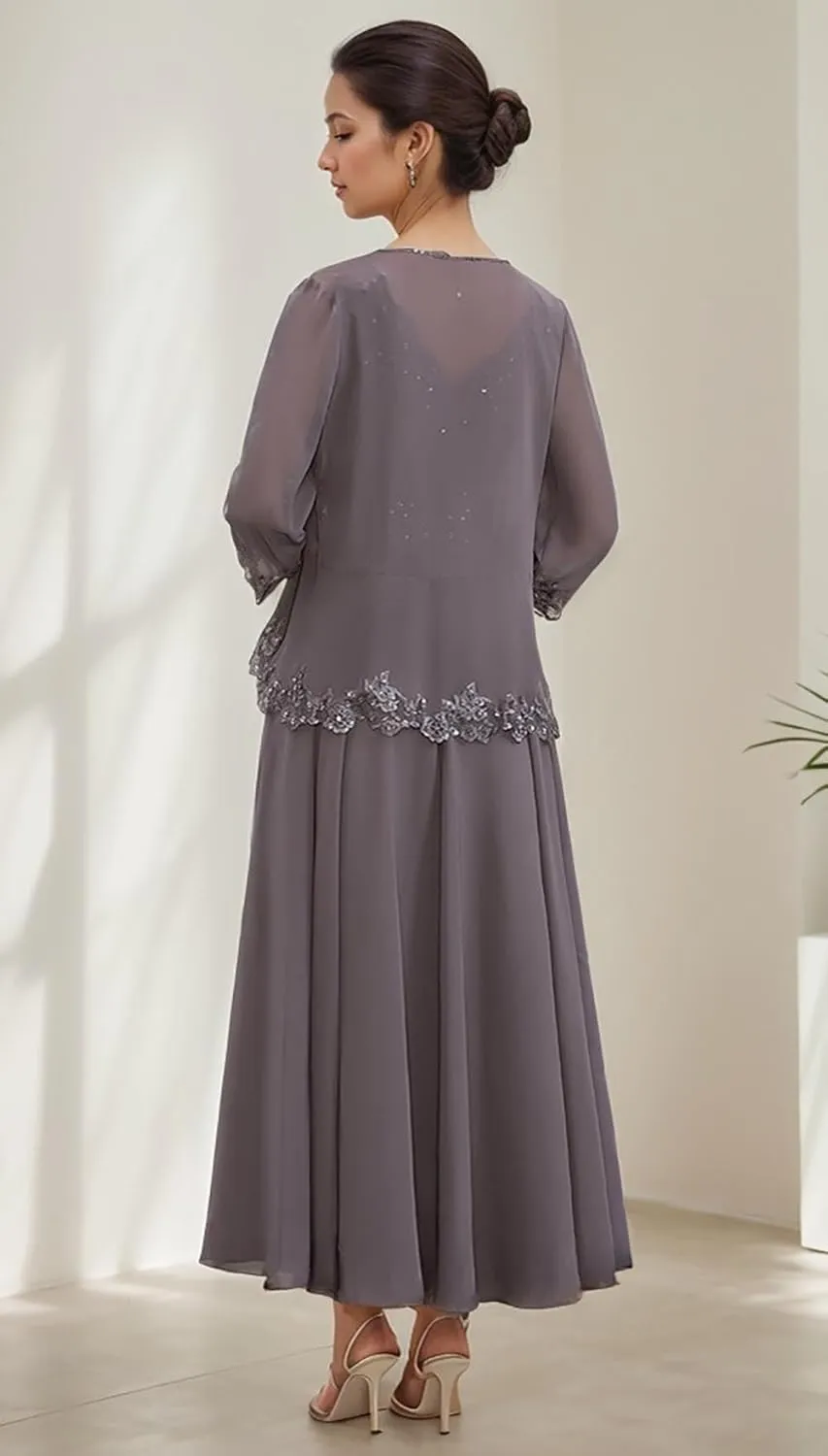 Chiffon Mother of The Bride Dresses with Jacket Lace Long Formal Dress for Wedding 2 Pieces Evening Gowns