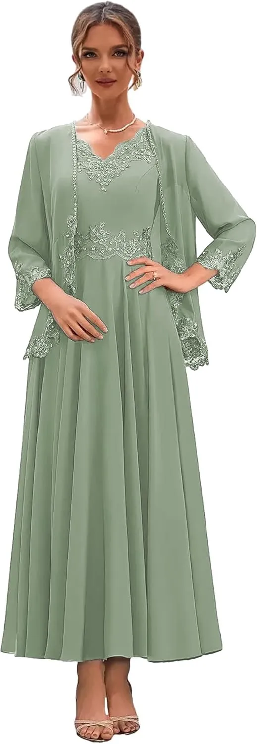 Chiffon Mother of The Bride Dresses with Jacket Lace Long Formal Dress for Wedding 2 Pieces Evening Gowns