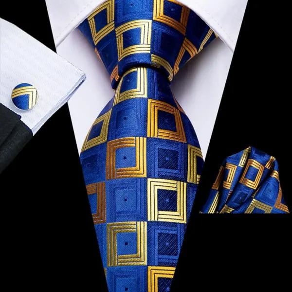 Classy Men Blue Gold Squared Silk Tie