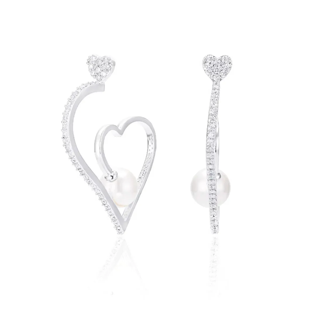 Classy Pearl CZ Heart Hoop Earrings