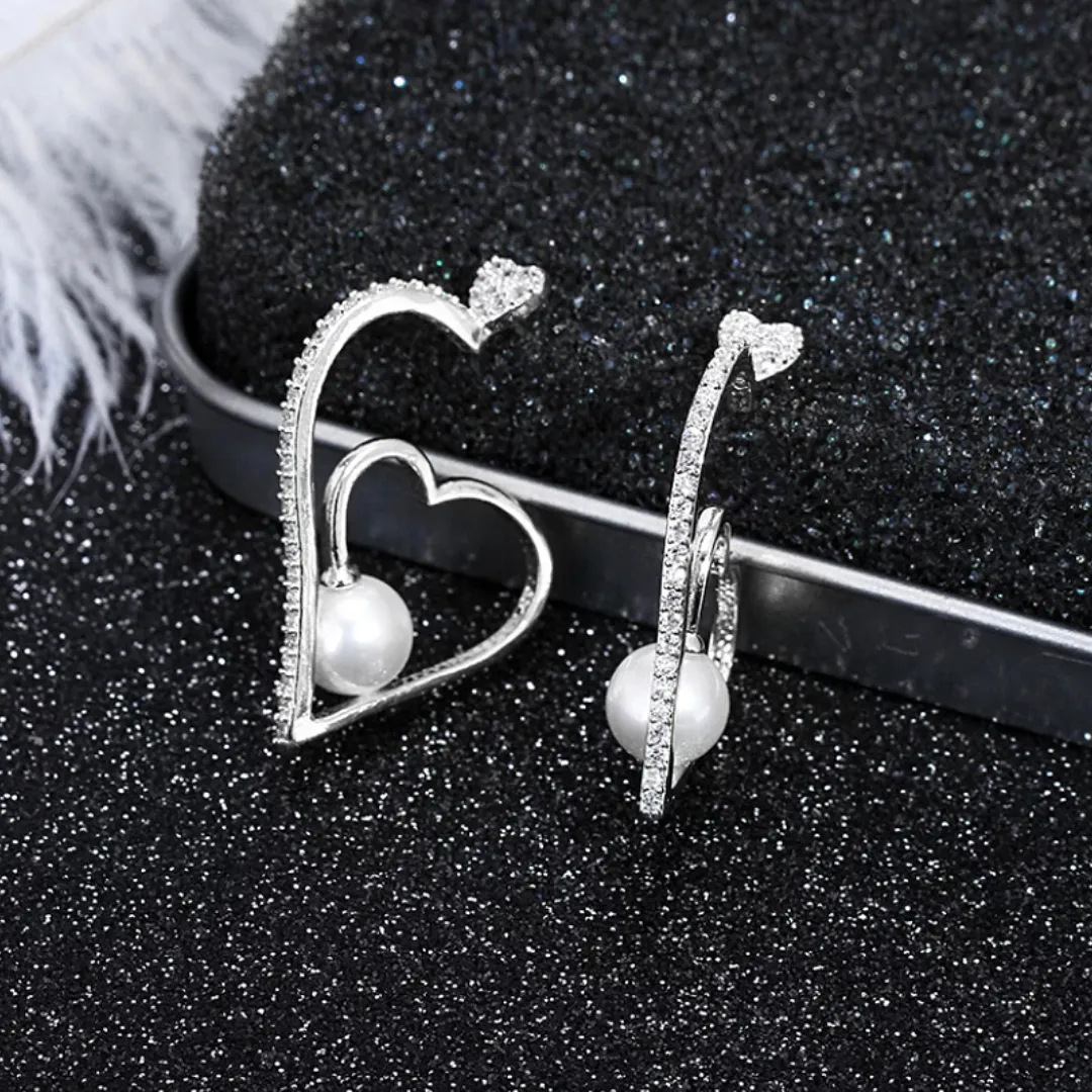 Classy Pearl CZ Heart Hoop Earrings
