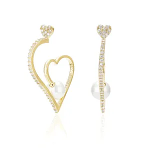 Classy Pearl CZ Heart Hoop Earrings
