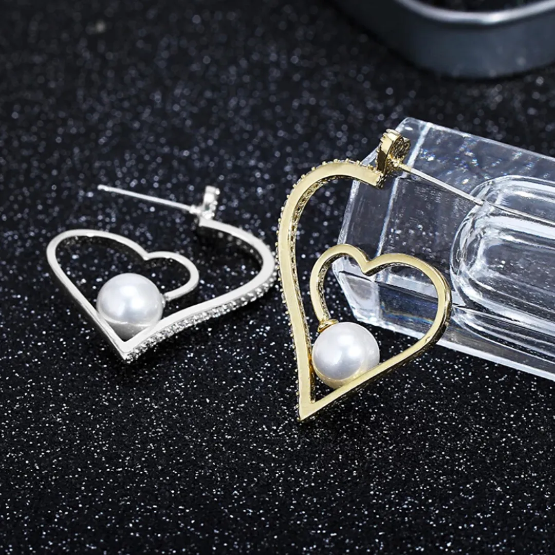 Classy Pearl CZ Heart Hoop Earrings