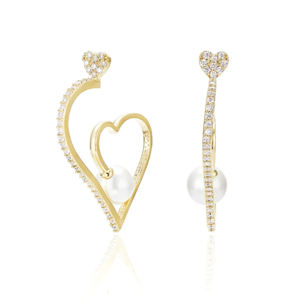 Classy Pearl CZ Heart Hoop Earrings