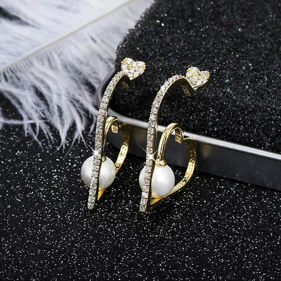 Classy Pearl CZ Heart Hoop Earrings
