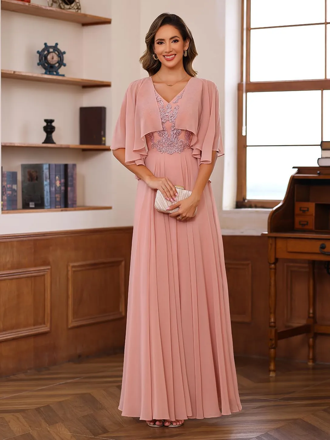 Clothfun Chiffon Mother of The Bride Dress 2024 Lace Applique Long Formal Party Dress with Jacket CY147