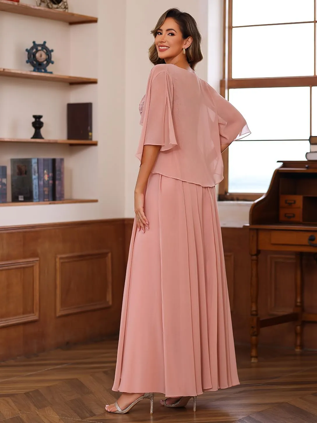 Clothfun Chiffon Mother of The Bride Dress 2024 Lace Applique Long Formal Party Dress with Jacket CY147