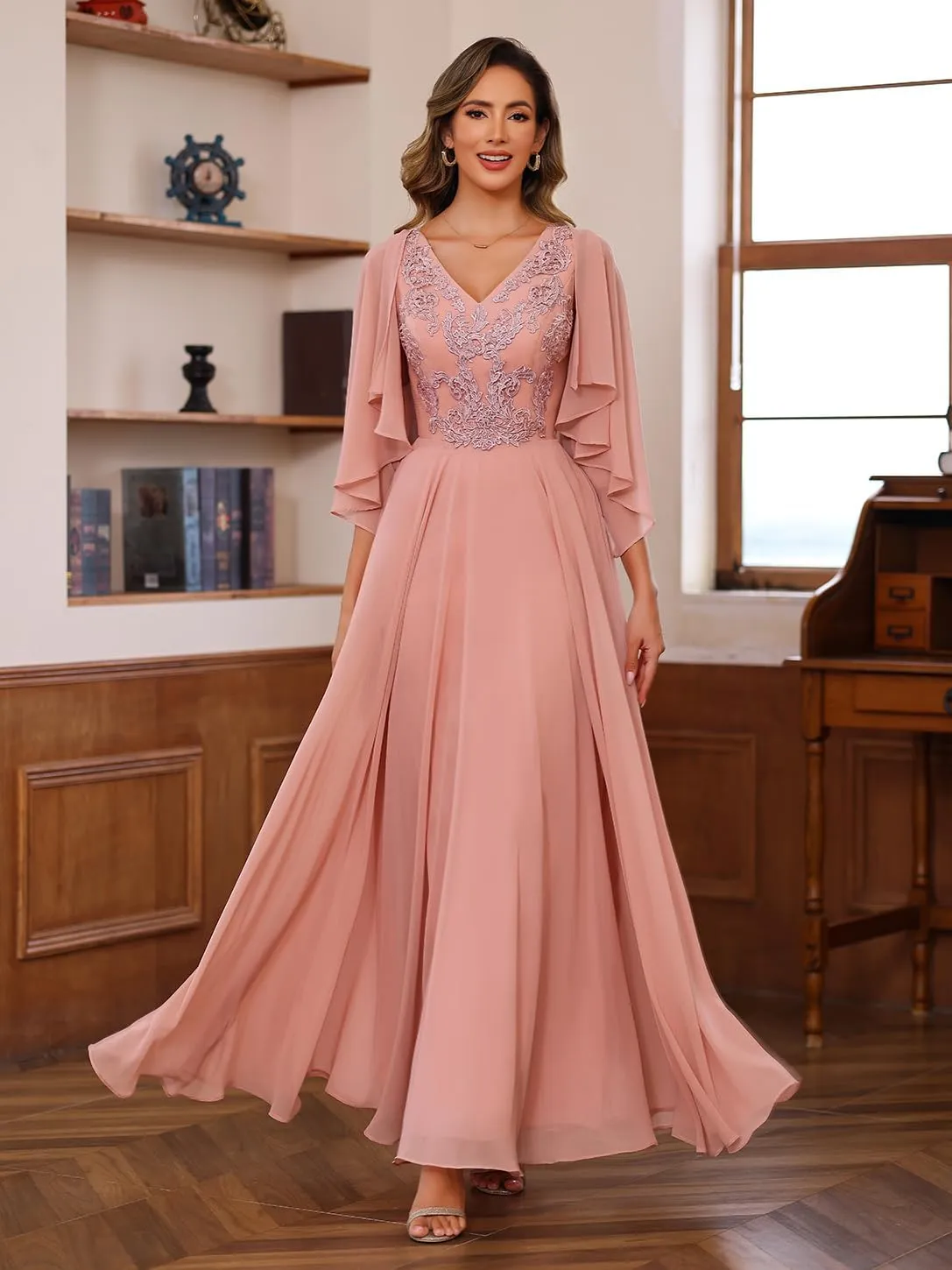 Clothfun Chiffon Mother of The Bride Dress 2024 Lace Applique Long Formal Party Dress with Jacket CY147