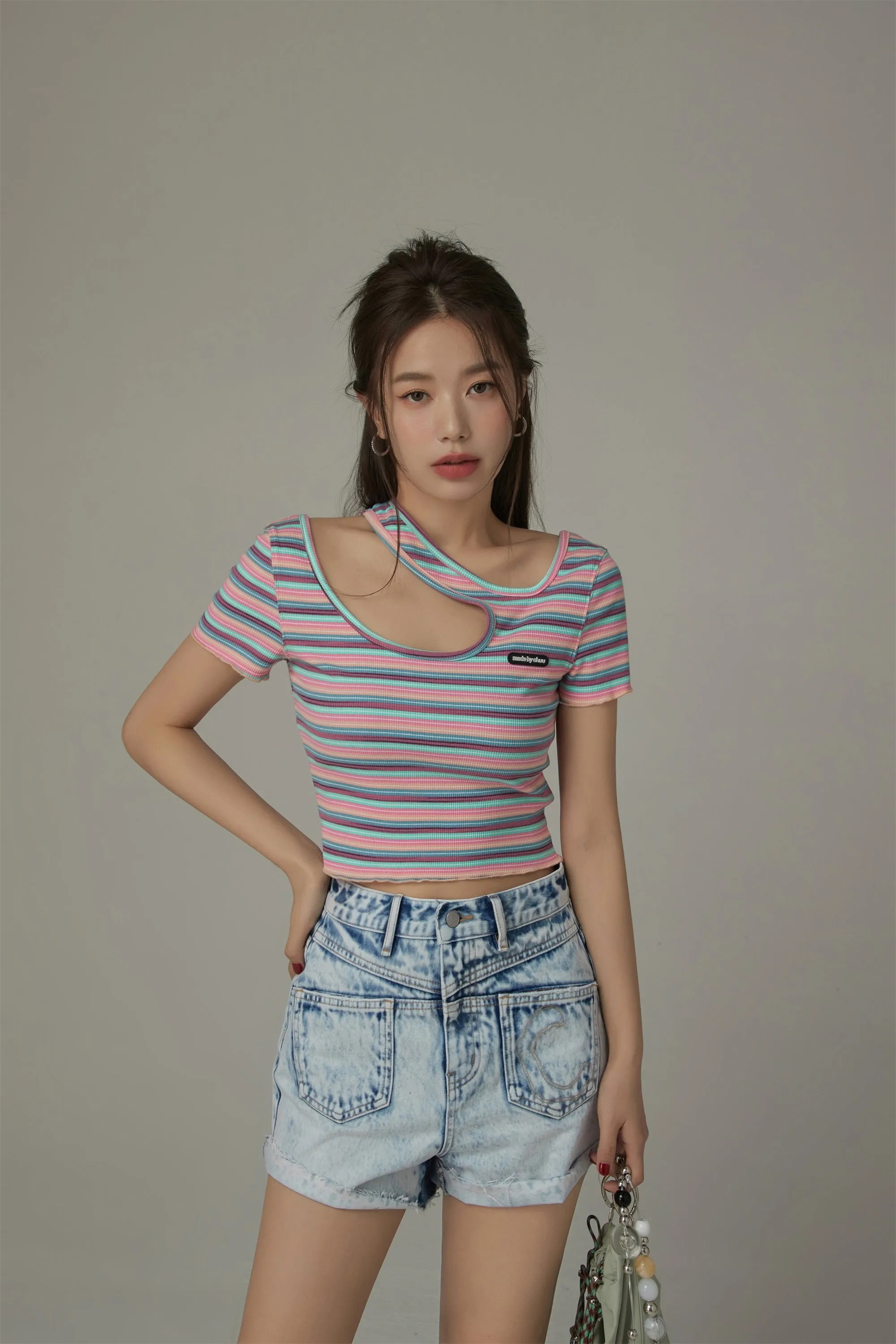 Color Stripe Cut Out T-Shirt
