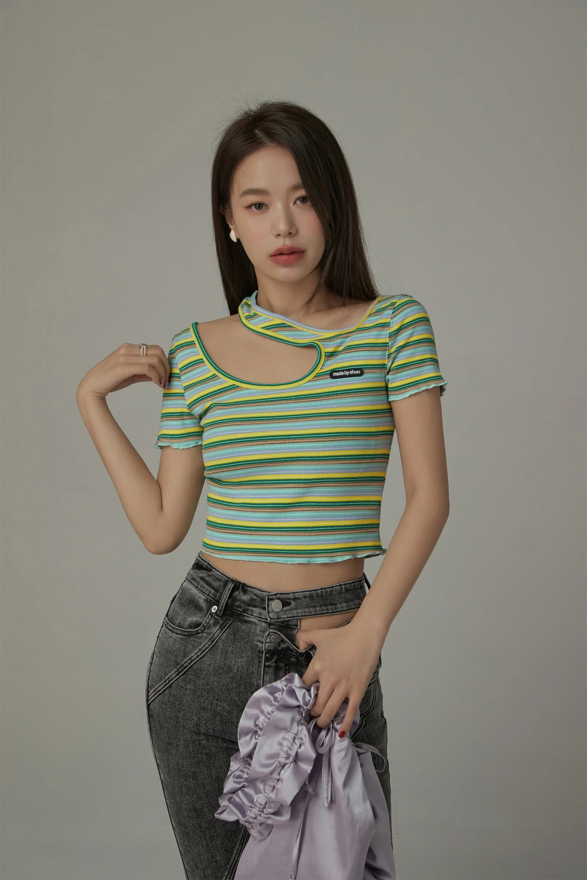 Color Stripe Cut Out T-Shirt