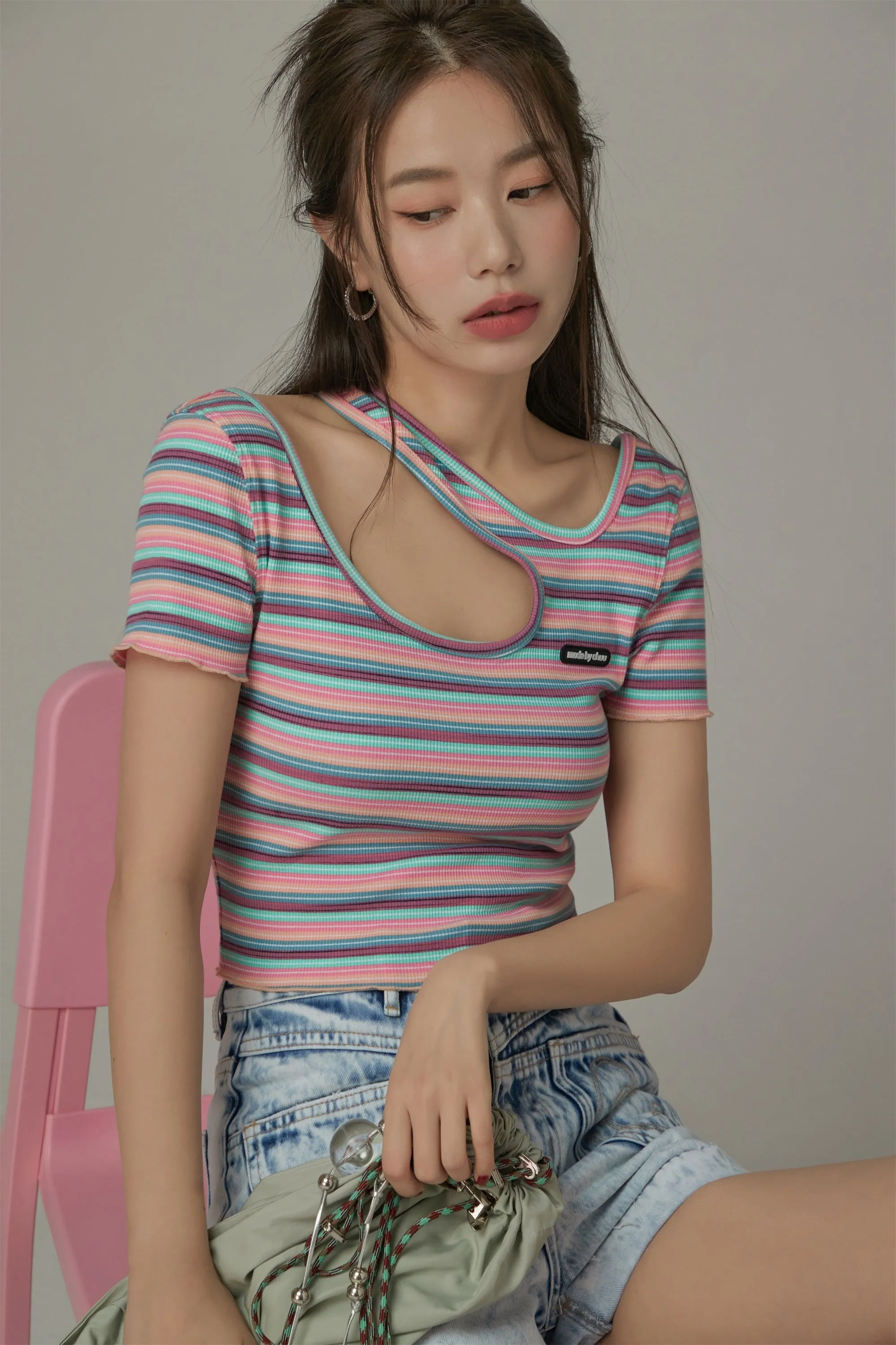 Color Stripe Cut Out T-Shirt