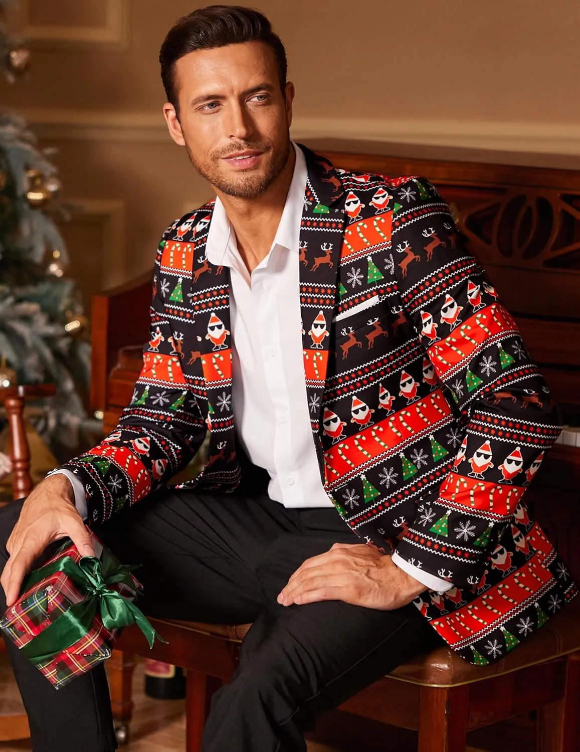 COOFANDY Men's Christmas Blazer Halloween Sport Coat One Button Christmas Suit Jacket Xmas Party Jackets Holiday Blazers