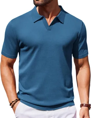 COOFANDY Mens Knit Polo Shirts V Neck Short Sleeve Stretch Polo T Shirt Casual Golf Shirts