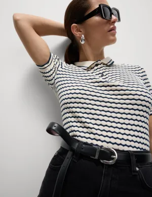Cotton Blend Geometric Striped Polo Top