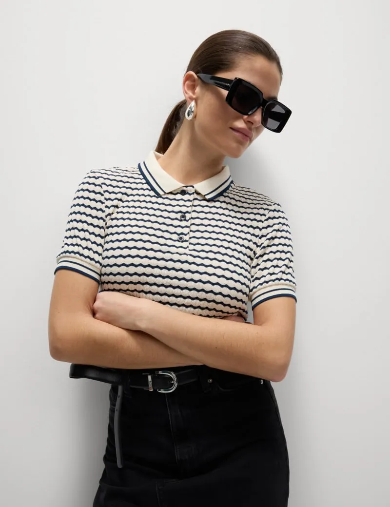 Cotton Blend Geometric Striped Polo Top