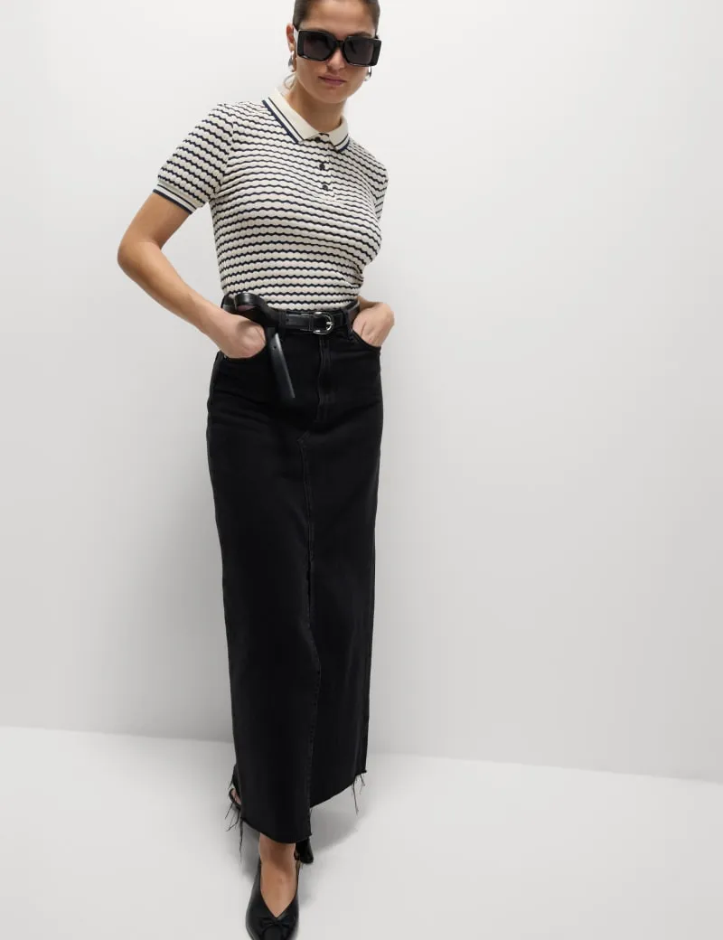 Cotton Blend Geometric Striped Polo Top