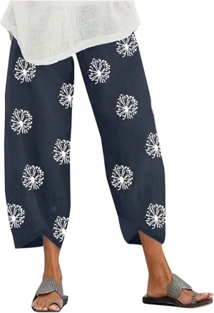 Cotton Linen Casual Summer Capri Pants for Women Cropped Comfy Baggy Trousers Palazzo Lounge Pants, Medium