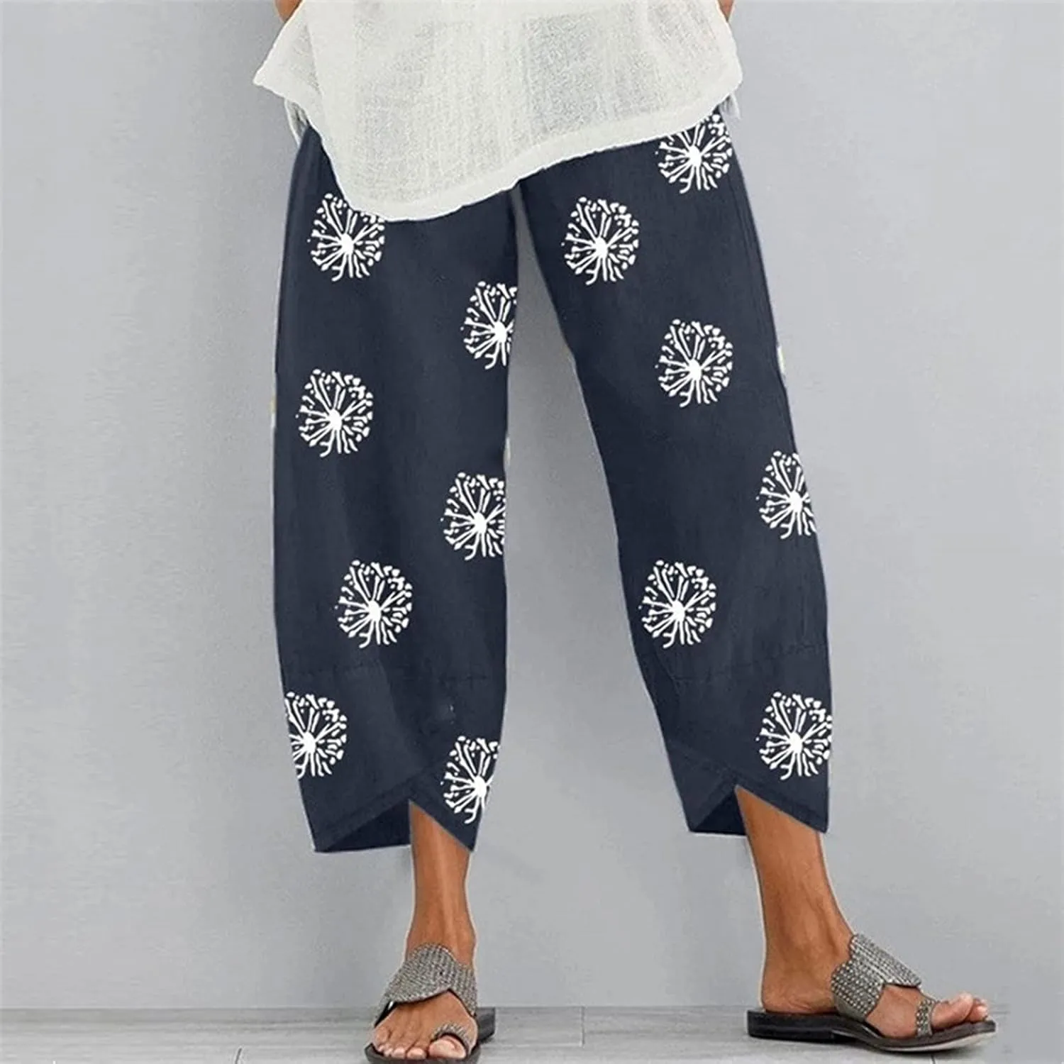 Cotton Linen Casual Summer Capri Pants for Women Cropped Comfy Baggy Trousers Palazzo Lounge Pants, Medium