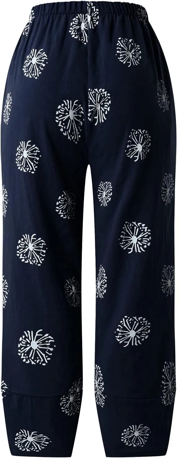 Cotton Linen Casual Summer Capri Pants for Women Cropped Comfy Baggy Trousers Palazzo Lounge Pants, Medium