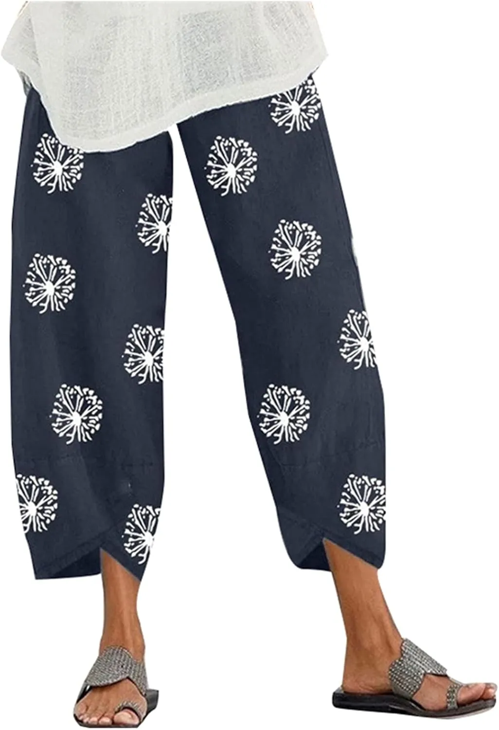 Cotton Linen Casual Summer Capri Pants for Women Cropped Comfy Baggy Trousers Palazzo Lounge Pants, Medium