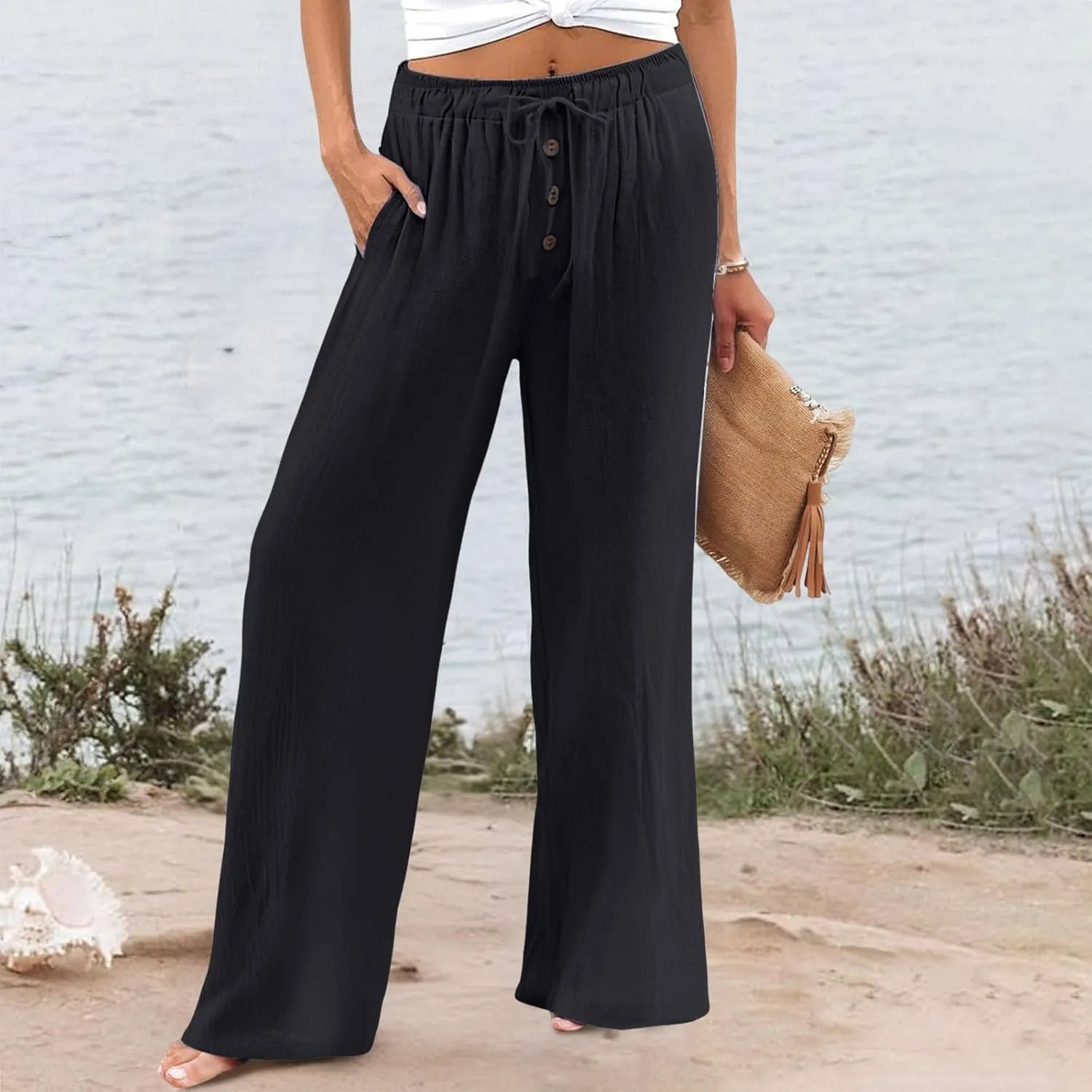 Cotton Linen Pants for Women Casual Summer Wide Leg Palazzo Loose Drawstring Elastic Waist Lounge Trousers Outfits 2025