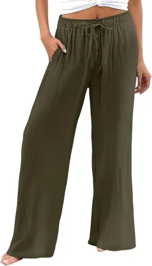 Cotton Linen Pants for Women Casual Summer Wide Leg Palazzo Loose Drawstring Elastic Waist Lounge Trousers Outfits 2025