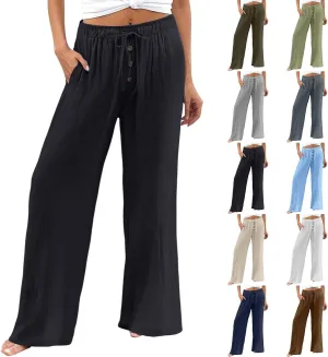 Cotton Linen Pants for Women Casual Summer Wide Leg Palazzo Loose Drawstring Elastic Waist Lounge Trousers Outfits 2025