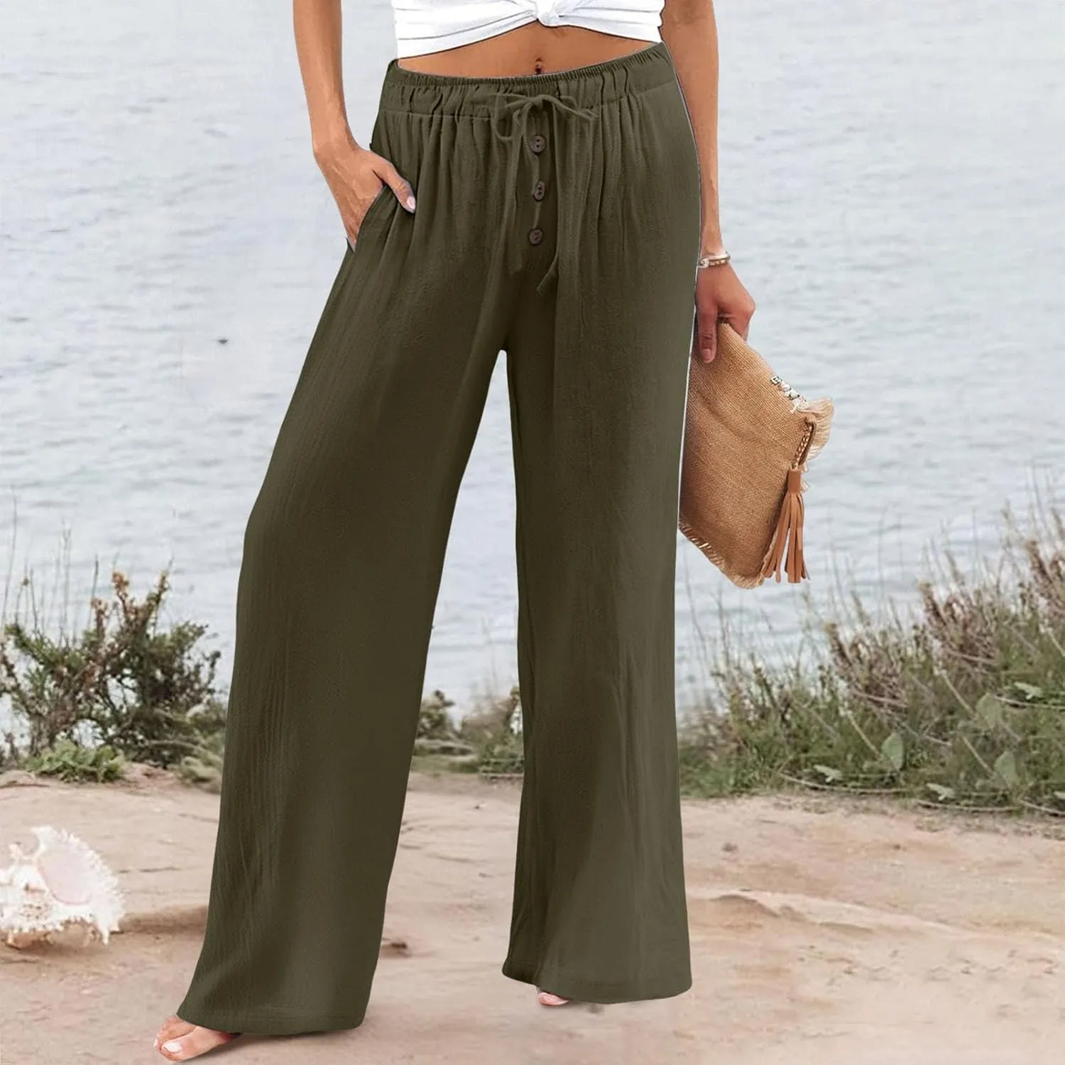 Cotton Linen Pants for Women Casual Summer Wide Leg Palazzo Loose Drawstring Elastic Waist Lounge Trousers Outfits 2025