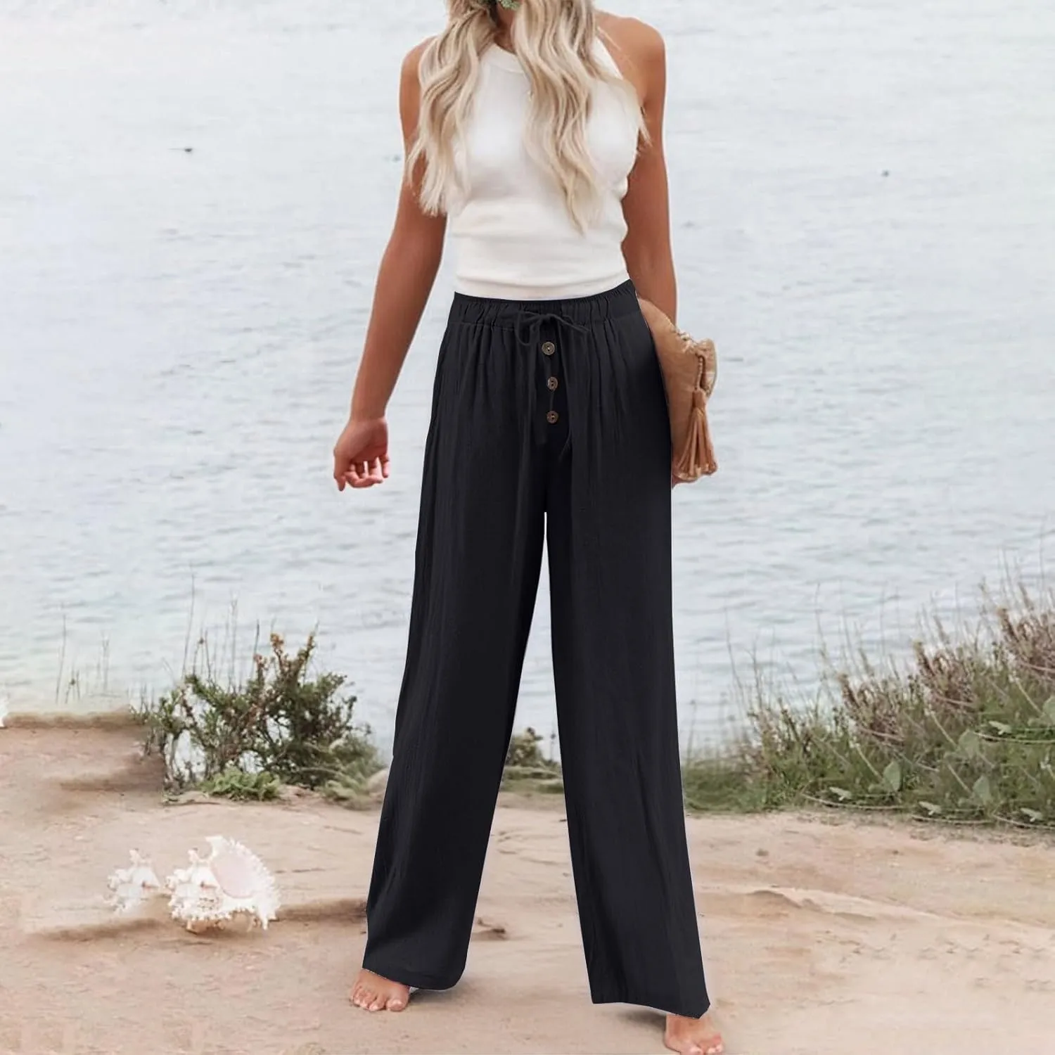 Cotton Linen Pants for Women Casual Summer Wide Leg Palazzo Loose Drawstring Elastic Waist Lounge Trousers Outfits 2025
