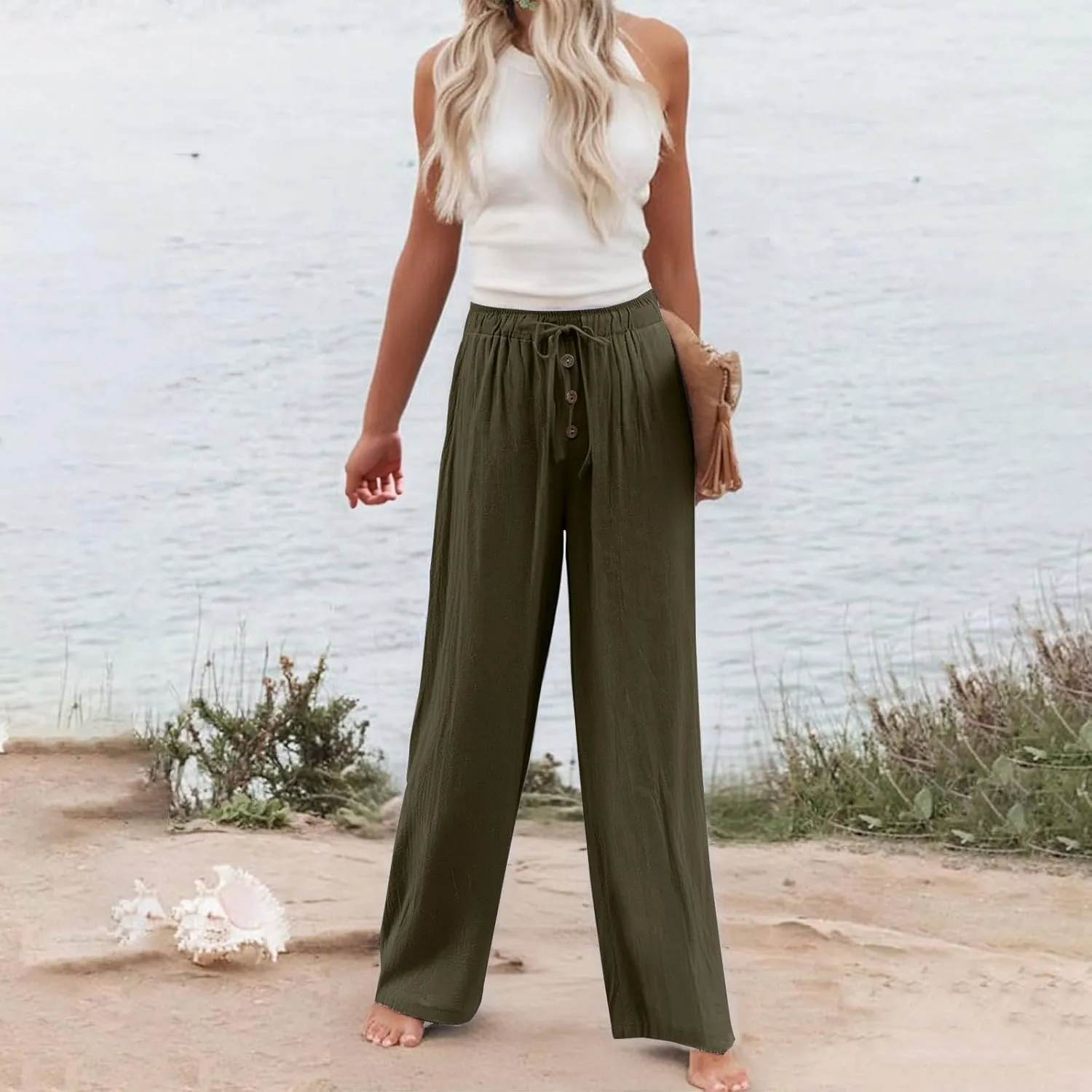 Cotton Linen Pants for Women Casual Summer Wide Leg Palazzo Loose Drawstring Elastic Waist Lounge Trousers Outfits 2025