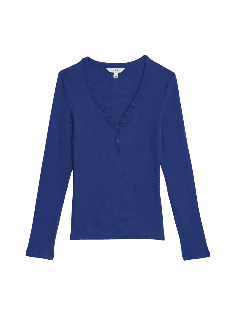 Cotton Rich Ribbed V-Neck Top